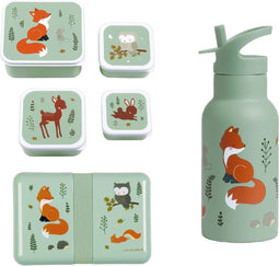 A Little Lovely Company Back to school set - Drinkfles RVS/4 Snackdozen/Lunchbox - Bosvriendjes
