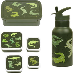 A Little Lovely Company Back to school set - Drinkfles RVS/4 Snackdozen/Bentobox - Krokodillen