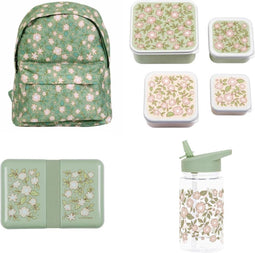 A Little Lovely Company Back to school set - Rugzak/Drinkfles/4 Snackdozen/Lunchbox - Bloesems Saliegroen