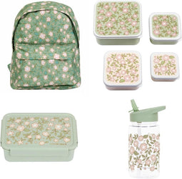 A Little Lovely Company Back to school set - Rugzak/Drinkfles/4 Snackdozen/Bentobox - Bloesems Saliegroen