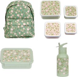 A Little Lovely Company Back to school set - Rugzak/Drinkfles RVS/4 Snackdozen/Bentobox - Bloesems Saliegroen