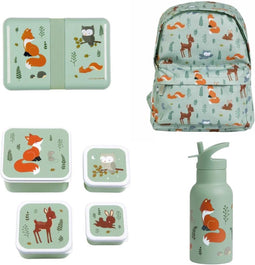 A Little Lovely Company Back to school set - Rugzak/Drinkfles RVS/4 Snackdozen/Lunchbox - Bosvriendjes