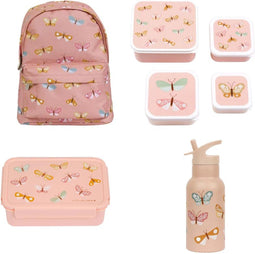 A Little Lovely Company Back to school set - Rugzak/Drinkfles RVS/4 Snackdozen/Bentobox - Vlinders