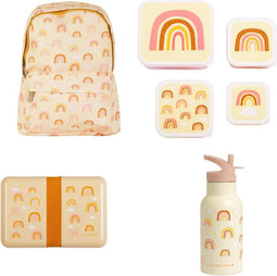 A Little Lovely Company Back to school set - Rugzak/Drinkfles RVS/4 Snackdozen/Lunchbox - Regenbogen