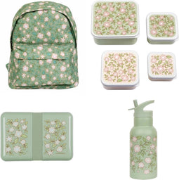 A Little Lovely Company Back to school set - Rugzak/Drinkfles RVS/4 Snackdozen/Lunchbox - Bloesems Saliegroen