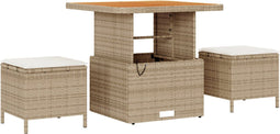vidaXL - 3-delige - Tuin - Eettafelset - met - Kussens - Beige - van - Poly - Rattan - en - Acacia