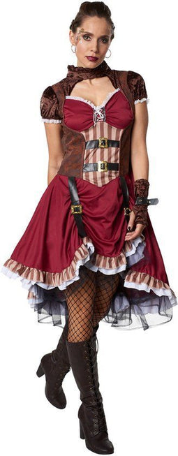 Dressforfun Steampunk edelvrouw S - Verkleedkostuum - Satijnen jurk met gelaagde rok - Zwart