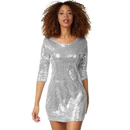 DressForFun Pailletten Jurk - Mini Jurk - Driekwart Mouwen - Zilver