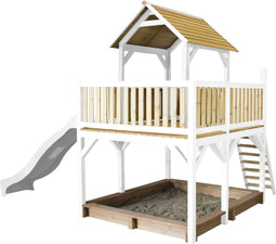 AXI Atka Speeltoestel in Bruin/Wit - Speeltoren met Grijze Glijbaan en Zandbak - FSC hout - Speelhuis op palen voor de tuin