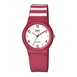 Q&Q V06A-005VY - Horloge - Sport - Analoog - Dames - Vrouwen - Plastic band - Rond - Kunststof - Cijfers - Rood - Strepen - Wit - 10 ATM