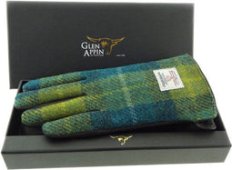 Dames Handschoenen Zeeblauw en Limegroen met Bruin Leer - Harris Tweed - Glen Appin of Scotland
