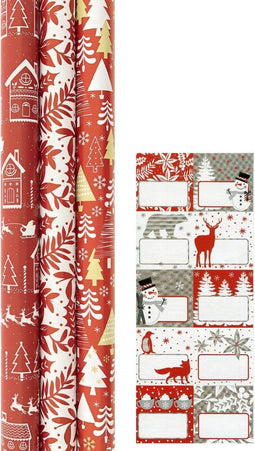 Benza - Kerstpapier - Cadeaupapier met naamlabels - Rood - 2mx70cm - 3-pack