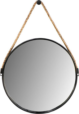 Ronde wandspiegel met touw - ø63x3,5 cm - Metaal/touw - Zwart/naturel