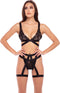 Rene Rofe Lingerie Lingerie set -M/L- 3PC STRAPS AND GARTERS BRA Zwart