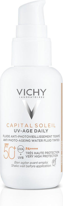 Vichy Capital Soleil UV-Age Daily SPF50+ Getint - Zonnefluide Dagelijkse Bescherming - Gezicht - iacinamide (Vitamine B3) en Peptiden - 40ml