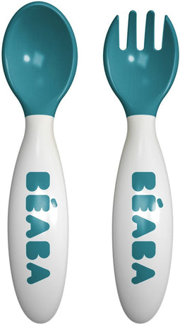 Béaba Ergonomisch Bestek - Peuterlepel & Vork - Blauw - Inclusief Opbergdoos