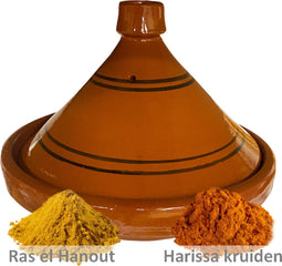 Aardewerk tajine 30 cm met Ras el hanout en Harissa kruiden