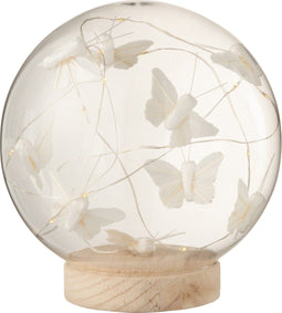 J-Line Stolp Vlinders decoratie - glas/hout - naturel - large - LED lichtjes - woonaccessoires