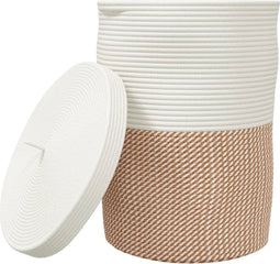 vidaXL - Opbergmand - met - deksel - Ø - 37x50 - cm - katoen - bruin - en - wit