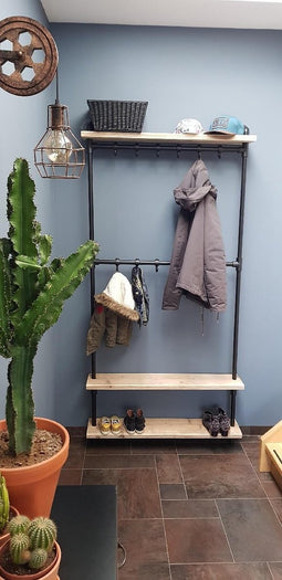 ABsteigerhout - Steigerbuis Kapstok - Wandkapstok - Kapstok met Schoenenrek - Met 2 Buisdelen - 6 Haken - Zwart - 100cm