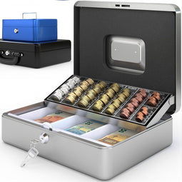 ACROPAQ Geldkistje - Geldkist groot met sleutel, 30 x 24 x 9 cm, Metaal - Geldkluis met muntsorteerder, Geldlade - Zilver