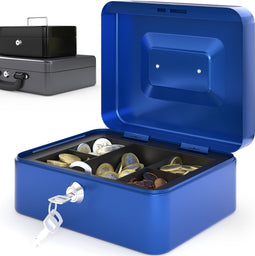 ACROPAQ Geldkistje - Geldkist met sleutel, 20 x 16 x 9 cm, Metaal - Geldkluis, Geldlade - Blauw