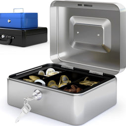 ACROPAQ Geldkistje - Geldkist met sleutel, 20 x 16 x 9 cm, Metaal - Geldkluis, Geldlade - Zilver