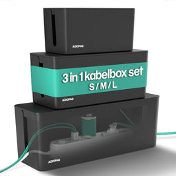 ACROPAQ Kabelbox - 3 in 1 set, Small + Medium + Large - Kabeldoos, Opbergbox stekkerdoos, Kabel organiser - Zwart