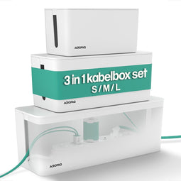 ACROPAQ Kabelbox - 3 in 1 set, Small + Medium + Large - Kabeldoos, Opbergbox stekkerdoos, Kabel organiser - Wit