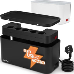 ACROPAQ Kabelbox inclusief stekkerdoos en USB-C lader - 5-voudig + 1 x USB-C + 2 x USB-A, Met schakelaar - Opbergbox, Snellader Iphone en Samsung, Kabel organiser