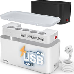 ACROPAQ Kabelbox stekkerdoos - Met geïntegreerde stekkerdoos, Kabel box voor snoeren wegwerken, 5 x EU stopcontact + 3 x USB A - Kabeldoos, Kabelboxen, Cablebox, Kabelbox Wit