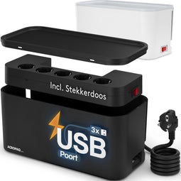 ACROPAQ Kabelbox stekkerdoos - Met geïntegreerde stekkerdoos, Kabel box voor snoeren wegwerken, 5 x EU stopcontact + 3 x USB A - Kabeldoos, Kabelboxen, Cablebox, Kabelbox Zwart
