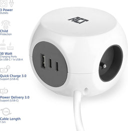 ACT Stekkerdoos kubus met 3 stopcontacten, 30W Power Delivery USB-C/A poorten, kabellengte 1,5m AC2425