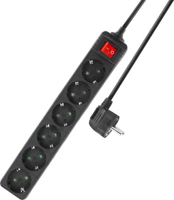 ACT Stekkerdoos met lichtgevende schakelaar, 6 sockets, 3 m, zwart AC2465