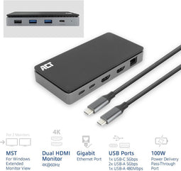 ACT USB-C 4K MST dockingstation voor 2 HDMI-monitoren, Ethernet, USB-C, 3x USB-A, PD passthrough en 1 meter lange afneembare USB-C-kabel