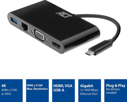 ACT USB-C Multi Dock - HDMI - VGA - 4K - Ethernet - USB-A AC7330