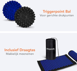 Acupressuur Mat met Kussen, 2x Triggerpoint Massage Ballen en Draagtas | Spijkermat voor Ontspanning en Pijnverlichting | Acupunctuur Massage Set | Lotus Shakti Mat | Pranamat | Zwart & Blauw