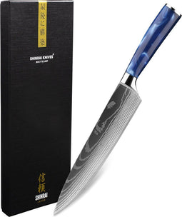 Shinrai Japan - Koksmes 20 cm - Damascus Print Epoxy Sapphire - Luxe Geschenkdoos