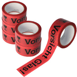 Adhesive tape Caution glass in red with black lettering 66 meters long, 48mm wide