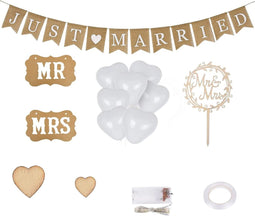 Bruiloft Decoratie Set, Just Married linnen Banner met LED verlichting, Cake Topper Bruiloft, Houten Harten confetti Decoratie, MR & MRS Stoelbord en Hartvormige Ballonnen voor Trouwauto Tafeldecoratie