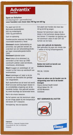 Advantix Spot On 600 Anti Vlooien en Teken Druppels Hond 40 - 60 kg 4 pipetten