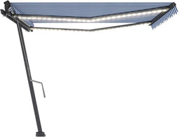vidaXL - Luifel - handmatig - uittrekbaar - met - LED - 400x350 - cm - blauw - en - wit