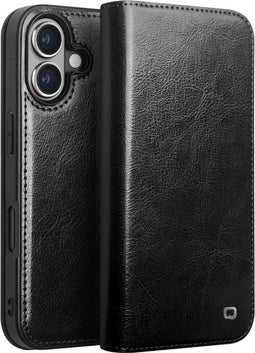 Qialino Geschikt voor iPhone 16 hoesje - Leren bookcase - Zwart