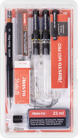 Aristo tekenpen - PRO Studio - set 8-delig - lijnbreedte 0.10/0.30/0.50mm - fles 23ml inkt - tekenpotlood - potloodstiftjes - gum - penadapter - AR-64156