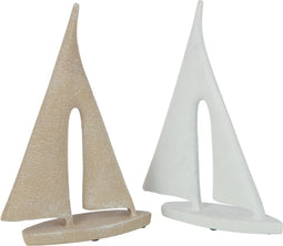 J-Line decoratie Zeilboot - cement - wit/beige - large - 2 stuks