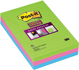Post-it® Super Sticky Notes, Limoen, Fuchsia, Turkoois, Gelijnd, 102 x 152 mm, 3 Blokken, 90 Blaadjes/Blok