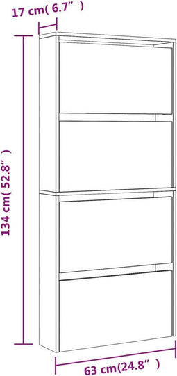 vidaXL Schoenenkast met spiegel 4-laags 63x17x134 cm hoogglans wit