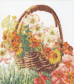 Thea Gouverneur - Borduurpakket met telpatroon - 3064 - Voorgesorteerde DMC Garens - Bloemenmand - Linnen - 35 cm x 39 cm - DIY Kit