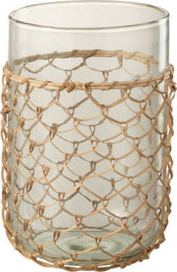 J-Line vaas Breiwerk - glas/riet - transparant - small - Ø 14 cm