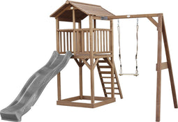 AXI Beach Tower Speeltoestel in Bruin - Speeltoren met Enkele Schommel, Grijze Glijbaan en Zandbak - FSC hout - Speelhuis op palen voor de tuin